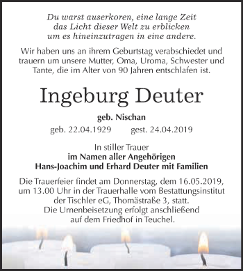 Traueranzeige von Ingeburg Deuter von WVG - Wochenspiegel Wittenberg