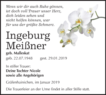 Traueranzeige von Ingeburg Meißner von Mitteldeutsche Zeitung Wittenberg