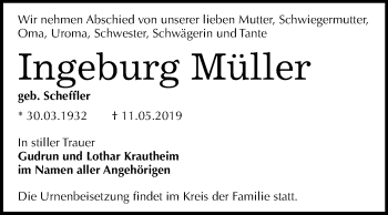 Traueranzeige von Ingeburg Müller von Mitteldeutsche Zeitung