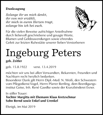 Traueranzeige von Ingeburg Peters von Mitteldeutsche Zeitung Köthen
