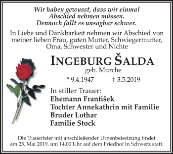 Traueranzeige von Ingeburg Salda von Mitteldeutsche Zeitung Halle/Saalkreis