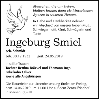 Traueranzeige von Ingeburg Smiel von WVG - Wochenspiegel Merseburg