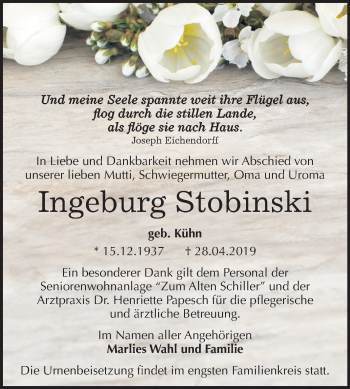 Traueranzeige von Ingeburg Stobinski von Mitteldeutsche Zeitung Köthen