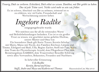Traueranzeige von Ingelore Radtke von Mitteldeutsche Zeitung Quedlinburg