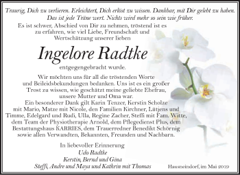 Traueranzeige von Ingelore Radtke von WVG - Wochenspiegel Quedlinburg