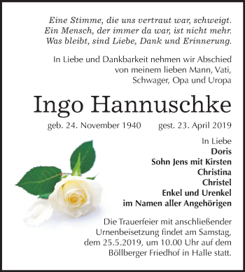 Traueranzeige von Ingo Hannuschke von Mitteldeutsche Zeitung Halle/Saalkreis
