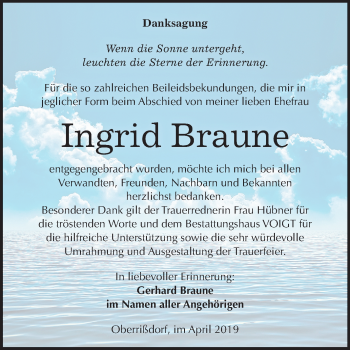 Traueranzeige von Ingrid Braune von Mitteldeutsche Zeitung Mansfelder Land