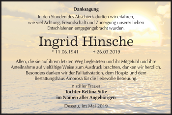 Traueranzeige von Ingrid Hinsche von Mitteldeutsche Zeitung Dessau-Roßlau