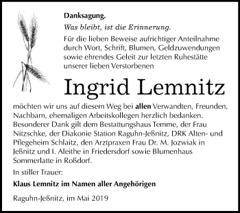 Traueranzeige von Ingrid Lemnitz von Mitteldeutsche Zeitung