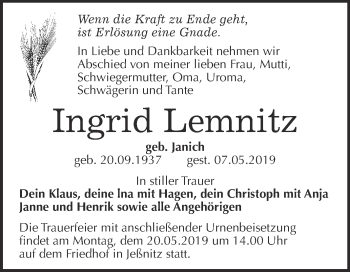 Traueranzeige von Ingrid Lemnitz von WVG - Wochenspiegel Bitterfeld