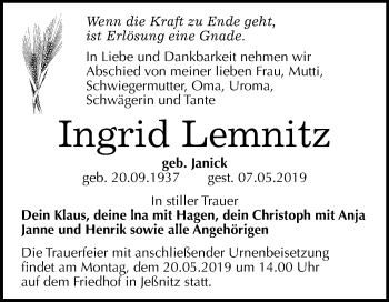 Traueranzeige von Ingrid Lemnitz von Mitteldeutsche Zeitung Bitterfeld
