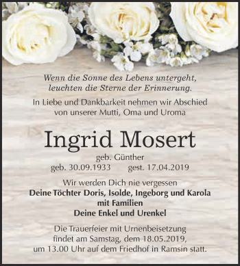 Traueranzeige von Ingrid Mosert von WVG - Wochenspiegel Bitterfeld