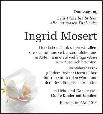Traueranzeige von Ingrid Mosert von Mitteldeutsche Zeitung