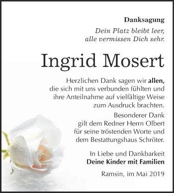 Traueranzeige von Ingrid Mosert von WVG - Wochenspiegel Bitterfeld