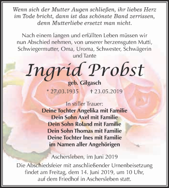 Traueranzeige von Ingrid Probst von Super Sonntag Aschersleben