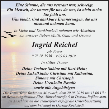 Traueranzeige von Ingrid Reichel von Mitteldeutsche Zeitung Dessau-Roßlau