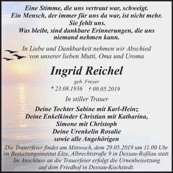 Traueranzeige von Ingrid Reichel von WVG - Wochenspiegel Dessau / Köthen