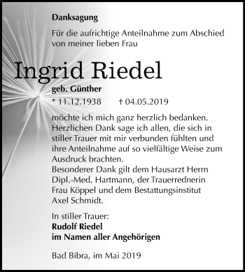 Traueranzeige von Ingrid Riedel von Mitteldeutsche Zeitung