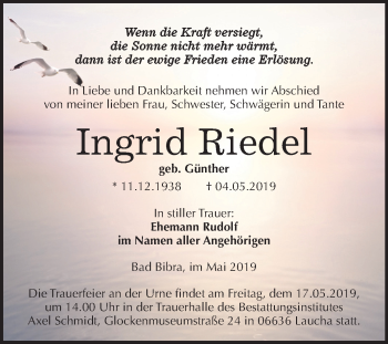 Traueranzeige von Ingrid Riedel von Mitteldeutsche Zeitung