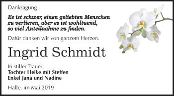 Traueranzeige von Ingrid Schmidt von Mitteldeutsche Zeitung Halle/Saalkreis