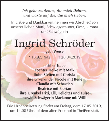 Traueranzeige von Ingrid Schröder von Mitteldeutsche Zeitung Zeitz
