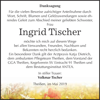 Traueranzeige von Ingrid Tischer von WVG - Wochenspiegel NMB / WSF / ZTZ