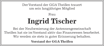 Traueranzeige von Ingrid Tischer von Super Sonntag Zeitz