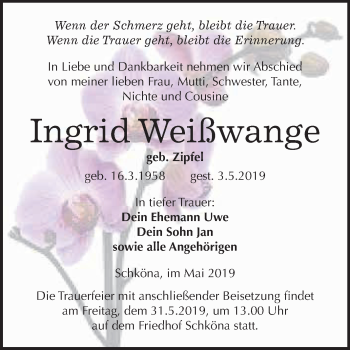 Traueranzeige von Ingrid Weißwange von WVG - Wochenspiegel Wittenberg
