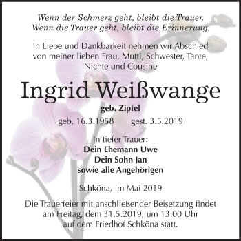 Traueranzeige von Ingrid Weißwange von Mitteldeutsche Zeitung