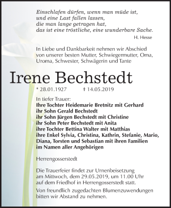 Traueranzeige von Irene Bechstedt von Mitteldeutsche Zeitung