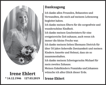 Traueranzeige von Irene Ehlert von Super Sonntag Bernburg