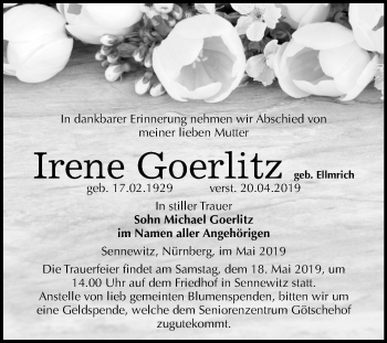 Traueranzeige von Irene Goerlitz von Mitteldeutsche Zeitung Halle/Saalkreis