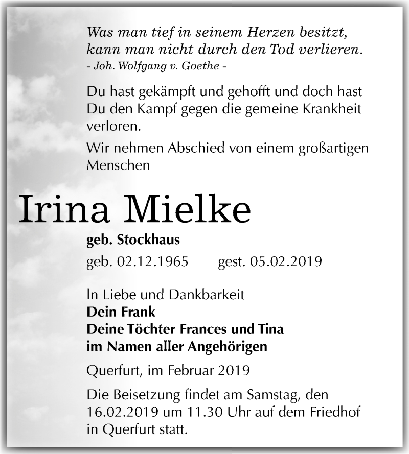  Traueranzeige für Irina Mielke vom 09.02.2019 aus Mitteldeutsche Zeitung Merseburg/Querfurt