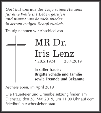 Traueranzeige von Iris Lenz von Super Sonntag Aschersleben