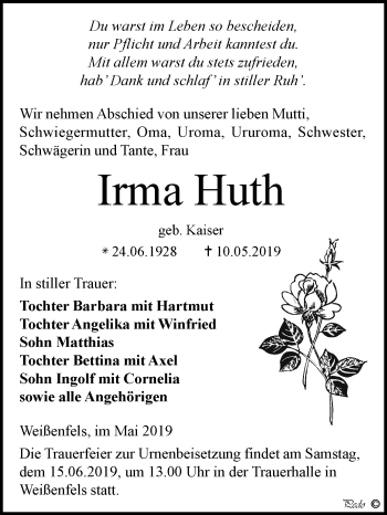 Traueranzeige von Irma Huth von WVG - Wochenspiegel NMB / WSF / ZTZ