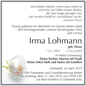 Traueranzeige von Irma Lohmann von Mitteldeutsche Zeitung Mansfelder Land