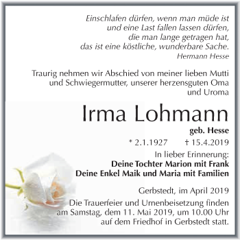 Traueranzeige von Irma Lohmann von Wochenspiegel Mansfelder Land