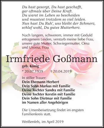 Traueranzeige von Irmfriede Goßmann von Mitteldeutsche Zeitung Weißenfels