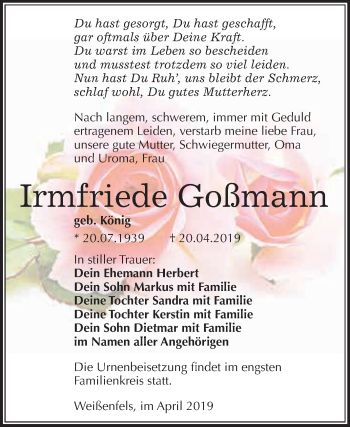 Traueranzeige von Irmfriede Goßmann von WVG - Wochenspiegel NMB / WSF / ZTZ