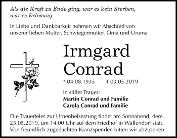 Traueranzeige von Irmgard Conrad von WVG - Wochenspiegel Merseburg