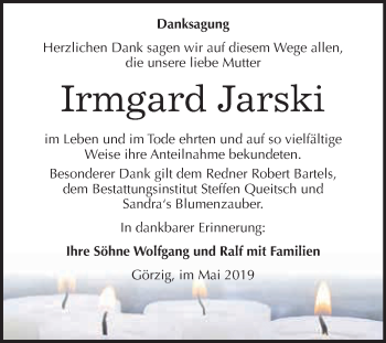 Traueranzeige von Irmgard Jarski von WVG - Wochenspiegel Dessau / Köthen