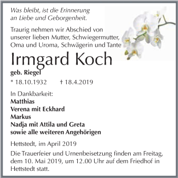 Traueranzeige von Irmgard Koch von Wochenspiegel Mansfelder Land