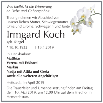 Traueranzeige von Irmgard Koch von Mitteldeutsche Zeitung Mansfelder Land