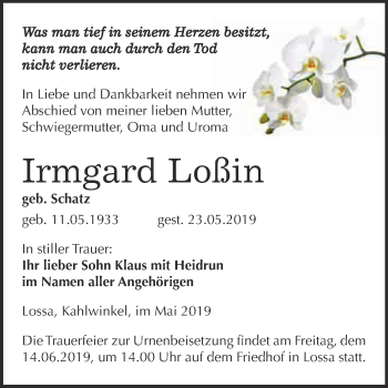 Traueranzeige von Irmgard Loßin von WVG - Wochenspiegel NMB / WSF / ZTZ