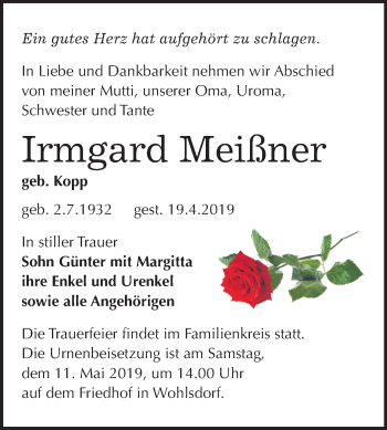 Traueranzeige von Irmgard Meißner von Mitteldeutsche Zeitung
