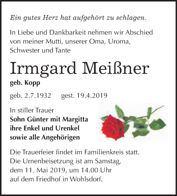 Traueranzeige von Irmgard Meißner von Super Sonntag Bernburg