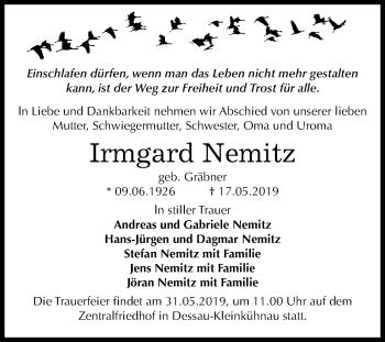 Traueranzeige von Irmgard Nemitz von Mitteldeutsche Zeitung