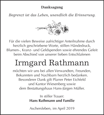 Traueranzeige von Irmgard Rathmann von Super Sonntag Aschersleben