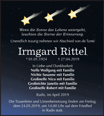 Traueranzeige von Irmgard Rittel von Mitteldeutsche Zeitung