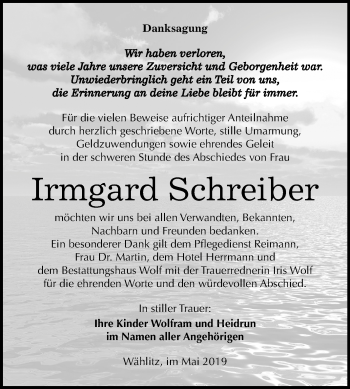 Traueranzeige von Irmgard Schreiber von Mitteldeutsche Zeitung Weißenfels